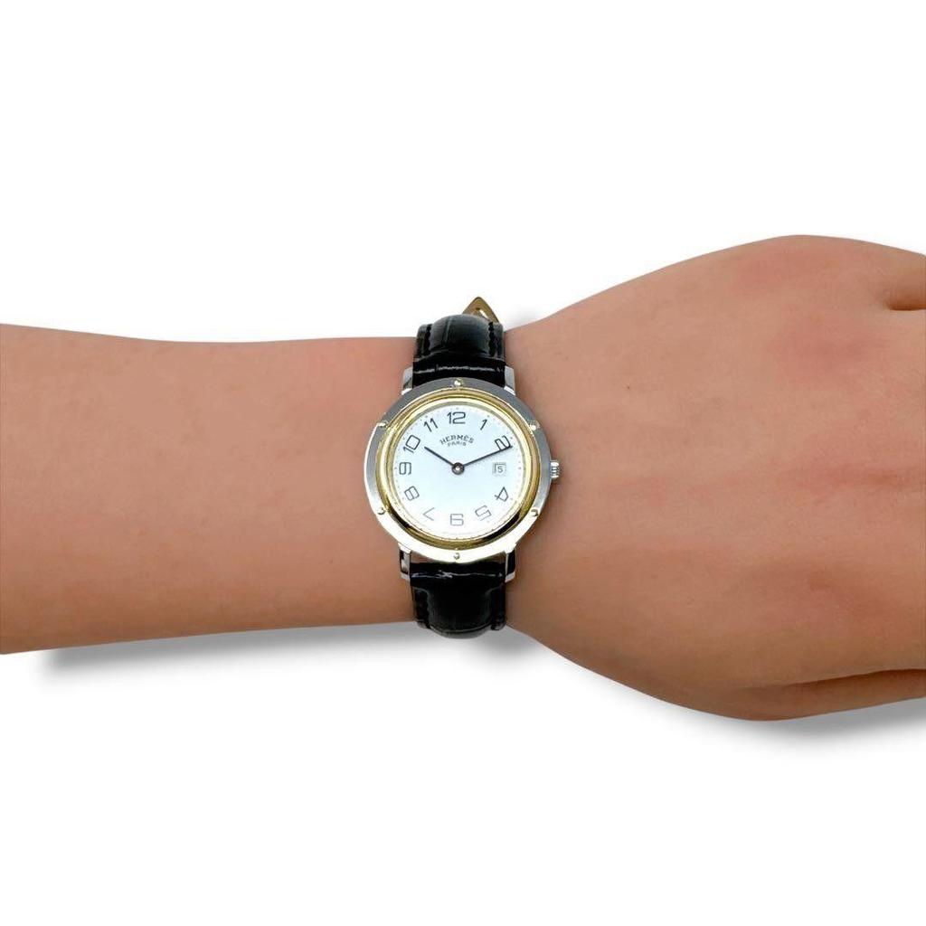 Used Hermes Clipper Combination Leather Belt Boys Men Women Watch HERMES Leather Belt White Dial Silver