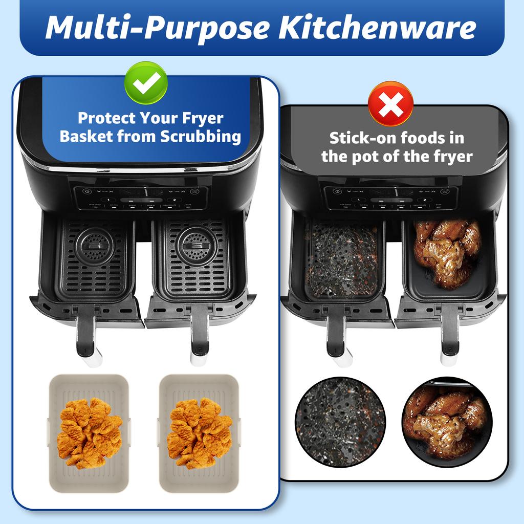 2Pcs Air Fryer Silicone Liner with Handle Reusable Silicone Air Fryer Tray Rectangular Air Fryer Silicone Pot Heat Resistant Air