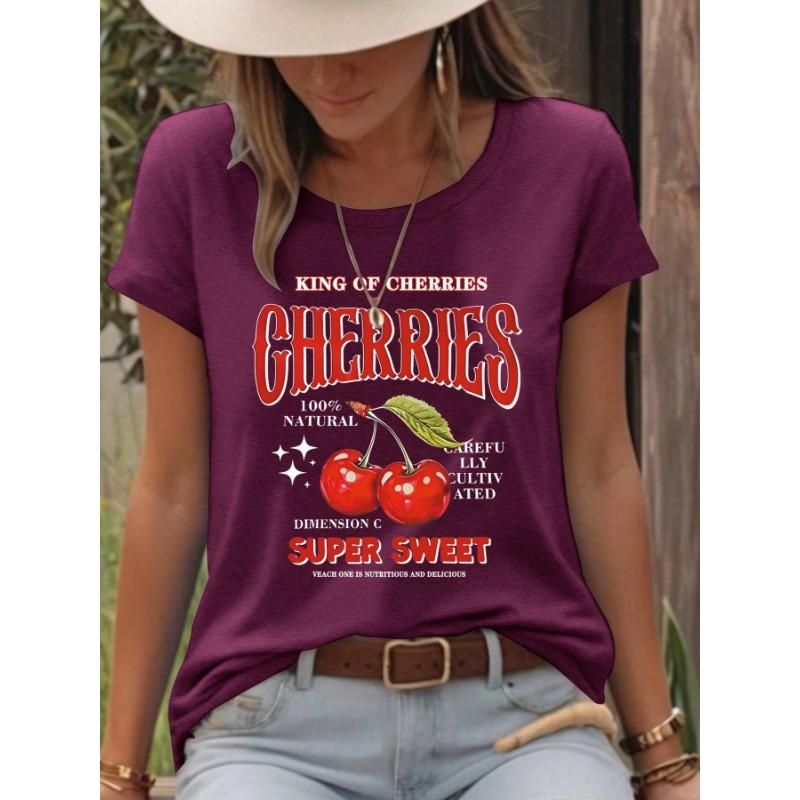 Damen Modisches Kurzarm Kirsch Sommer T-Shirt Top