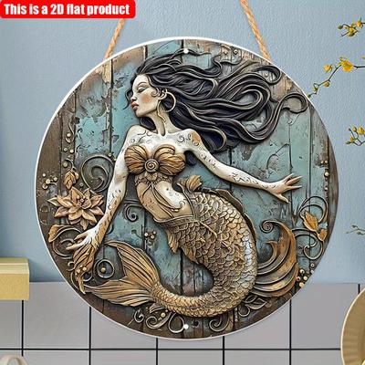 2D Flach 20*20cm1St Elegant wellenförmiges langhaariges Meerjungfrau-Design Kunst Dekorteller, Schönes goldenes Meerjungfrau-Muster Holz Hängeschild, Perfekt