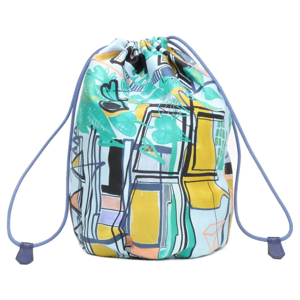 HERMES X-stamped Modernism Tropical Musardine Pouch Silk Drawstring Bag Pouch blueUsed