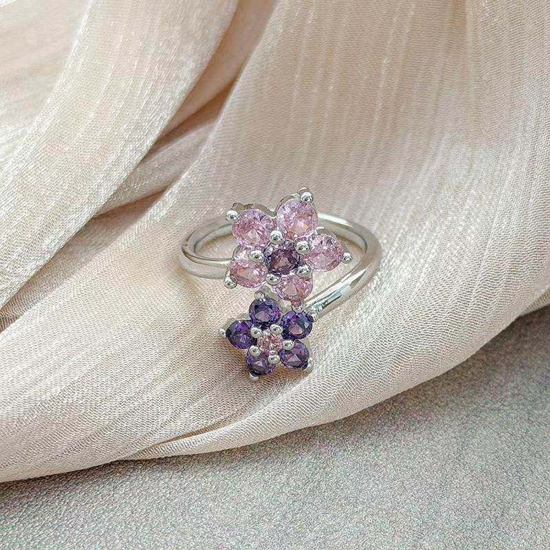 Super Immortal Purple Pink Diamond Sweet Cool Flower Opening Ring Jane Girl Niche Light Luxury Advanced Sense Stacking Wear Index Finger Ring
