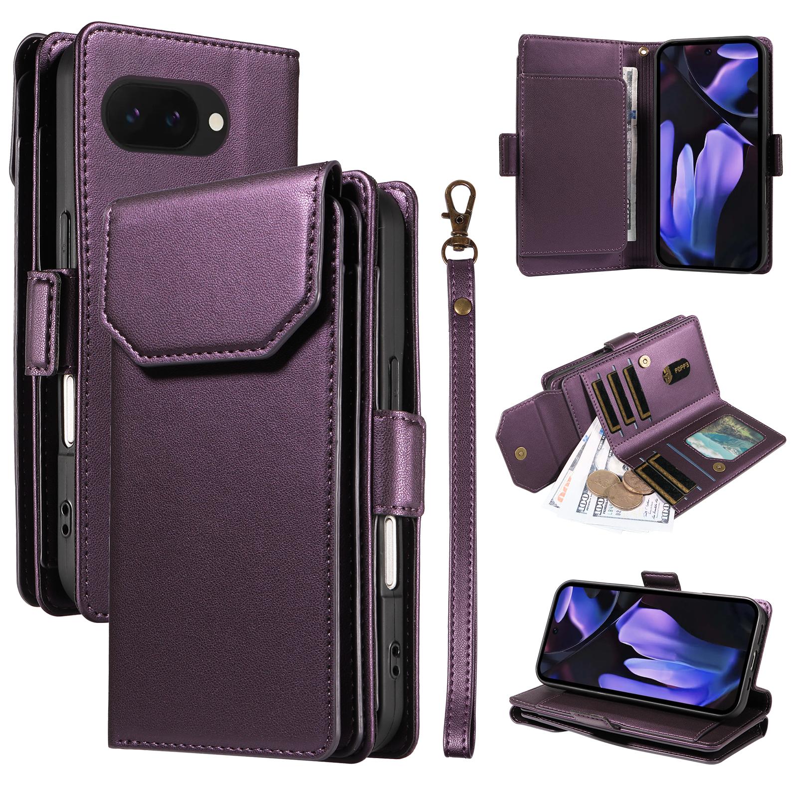 

For Google Pixel 9a Case with Multi-Card Holder and Strap PU Leather Phone Cover Stand Purple