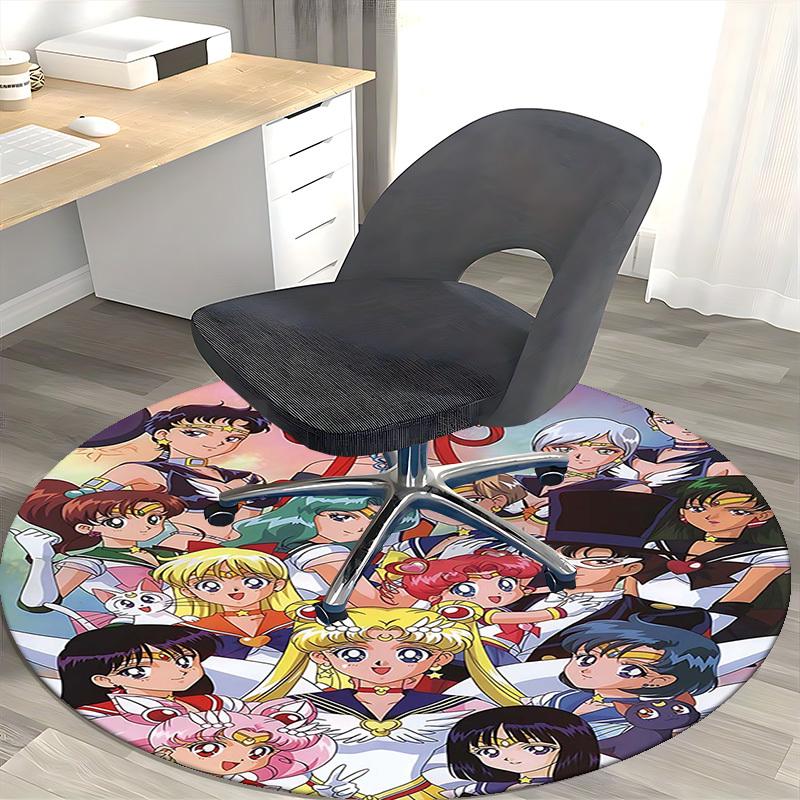 1pc Sailor Moon Anime Round Carpet Office Chair Mat, NonSlip Rug for Home Decor, Living Room, Bedroom, Game Room