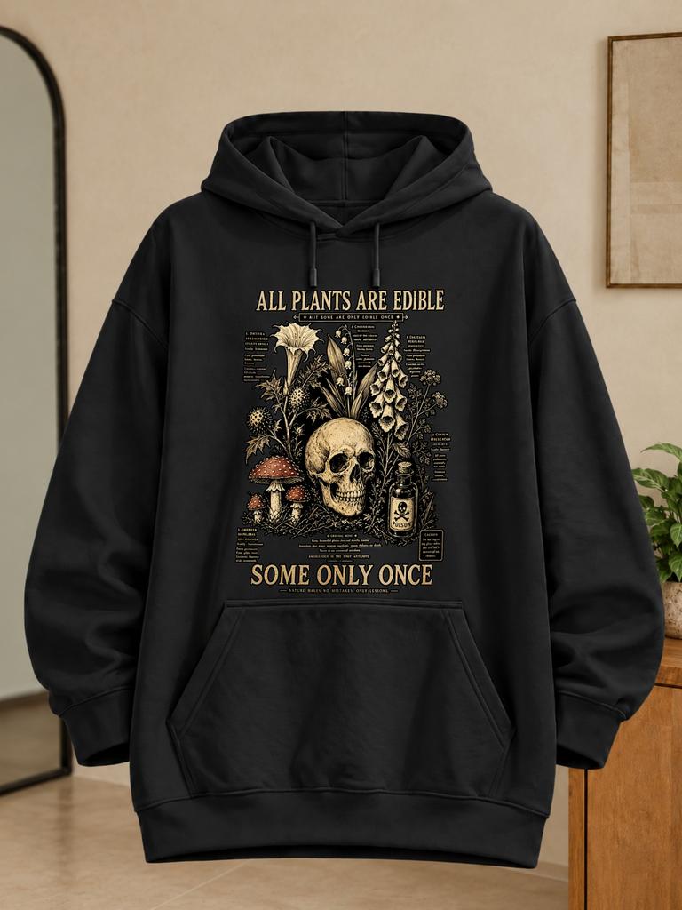 Unisex Black Hoodie with "All Plants Are Edible, Some Solely Once" Quote, Botanical Poison Bottle, Mushrooms, And Vintage Etching