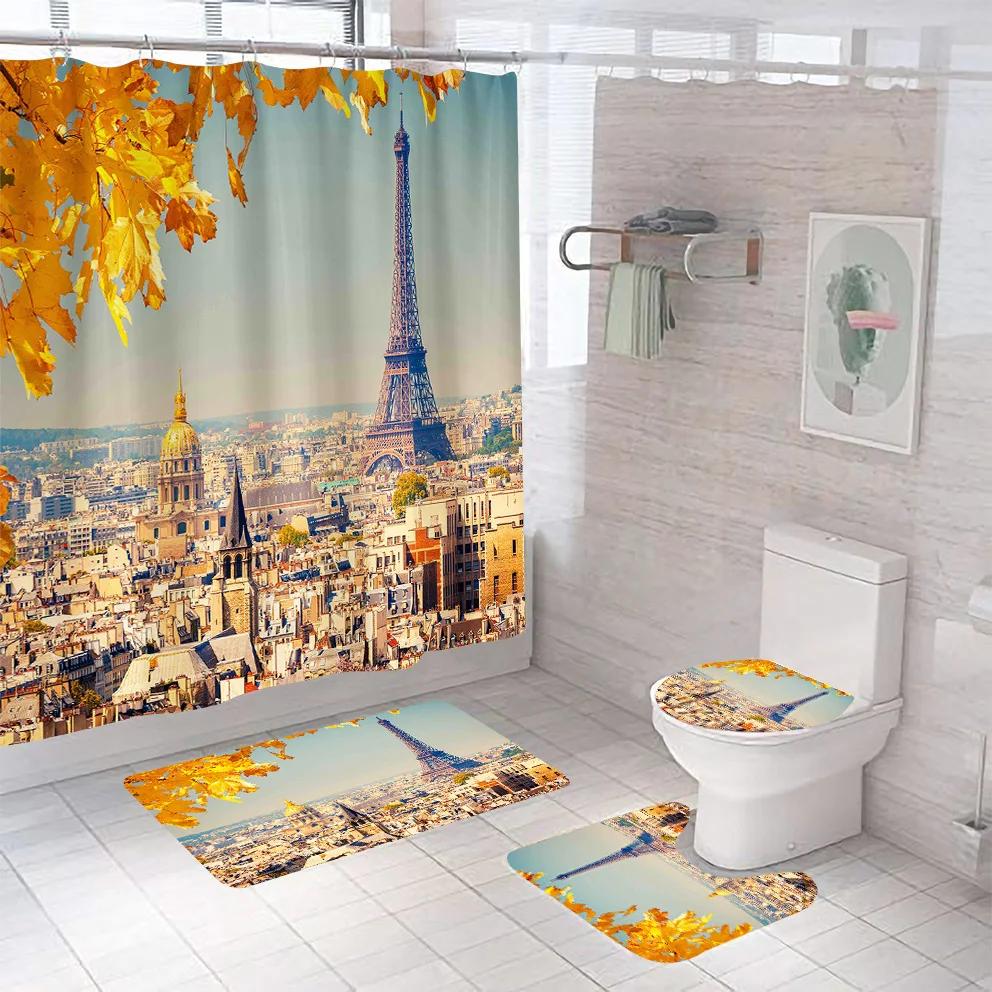 Paris Eiffel Tower Shower Curtain Set With Rugs Waterproof Curtain Bathing Screen Anti-Slip Toilet Lid Cover Rugs Bathroom Decor