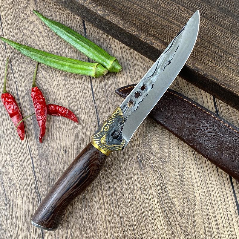 Forged Outdoor Stainless Steel Camping and Steak Knife with Leather Sheath