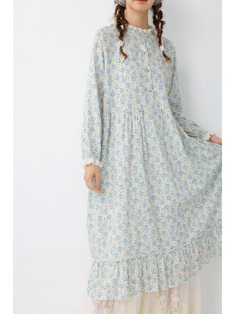 Spring Women's Mori Style Floral Cotton Linen Long Dress with Ruffle Patchwork