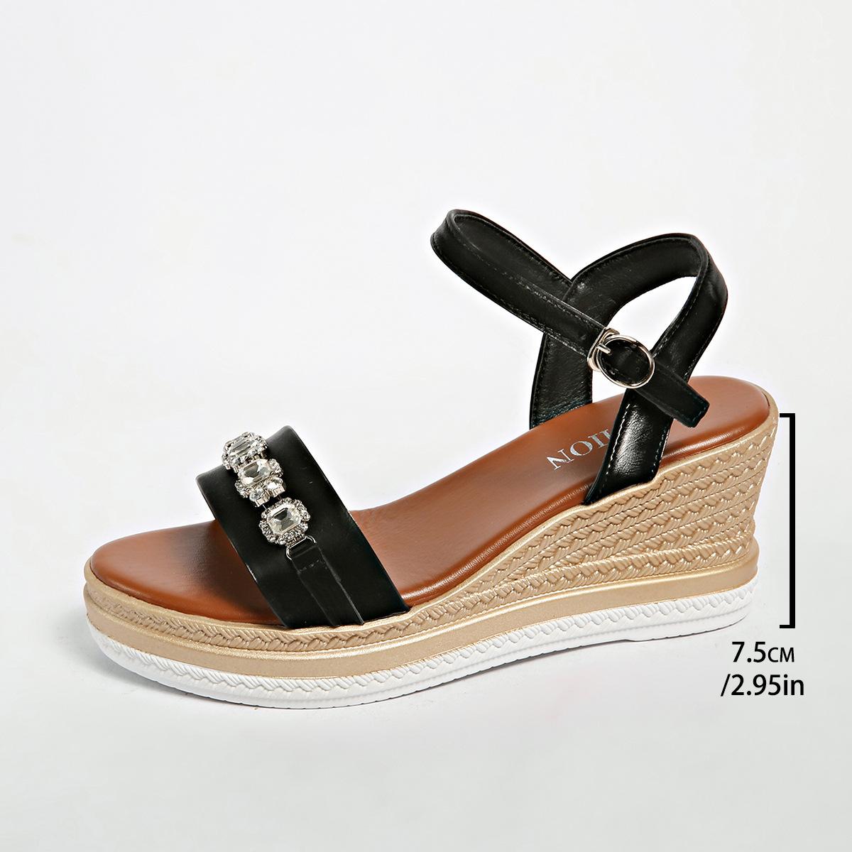 

European, American slope heel foreign trade one-word buckle fish mouth rhinestone sandals women wear summer large size platform sandals 43 чёрный