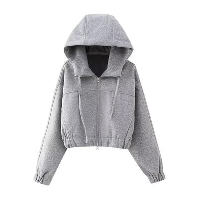 Womens Short Hooded Zip-Up Sweatshirt Casual Oversized Fit Long Sleeve Pullover Gray 2025
