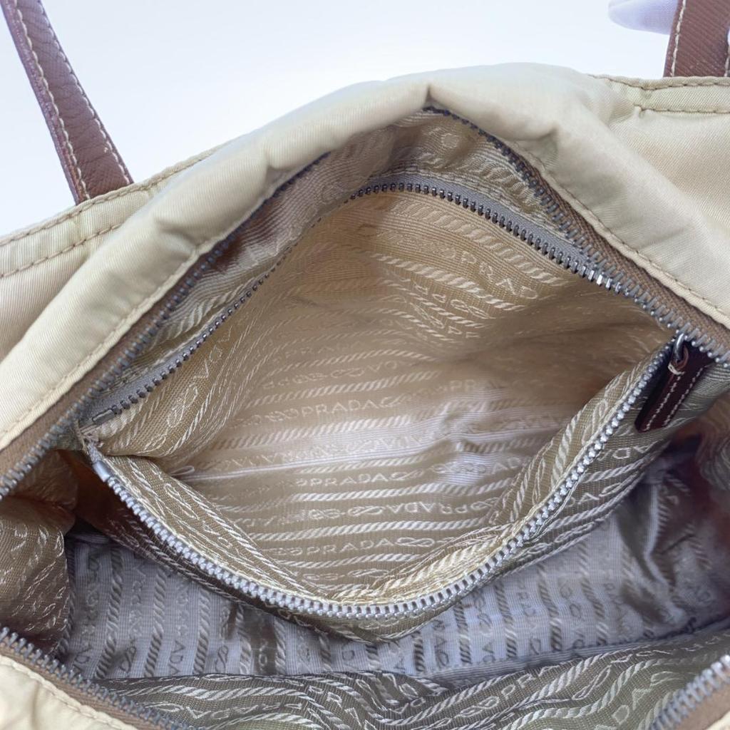 Prada Quilted Tessuto Nylon Tote Boston Bag Handbag One Shoulder Brown Beige Leather Triangle Logo Plate
