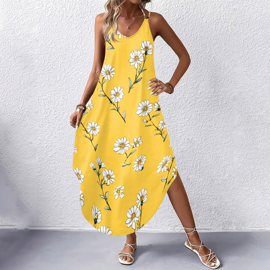 Women V Neck Sleeveless Floral Print Maxi Dress with Pockets Casual Loose Fit Summer Beach Sundress