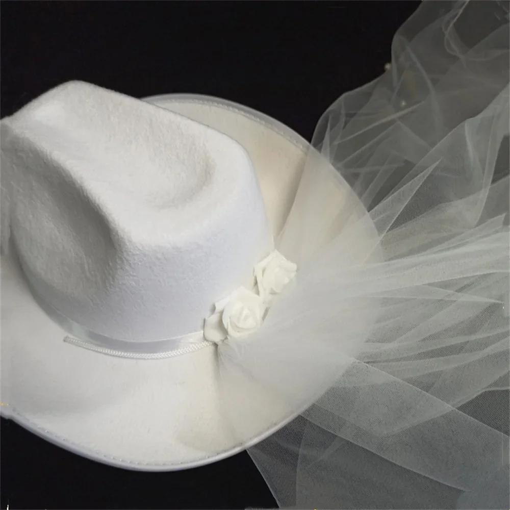 Bride White Cowboy Veil Hat Pearl Rhinestone Wedding Cowgirl Hat Bach Bachelorette Hen Party Bridal Shower Decoration Gift