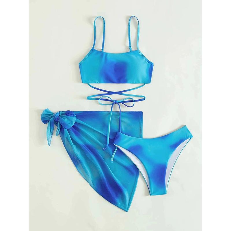 Sexy Gradient Tie-dye Bikini Women Solid Halter Cross Cover Up Skirt 3 Piece Swimsuit Bathing Suit Swimwear