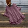 Plus Size Women's Buttonless Pleated Ruffle Edge Front Short Back Long Flared Sleeve Round Neck Top Fashionable Comfortable Soft Casual T-shirt