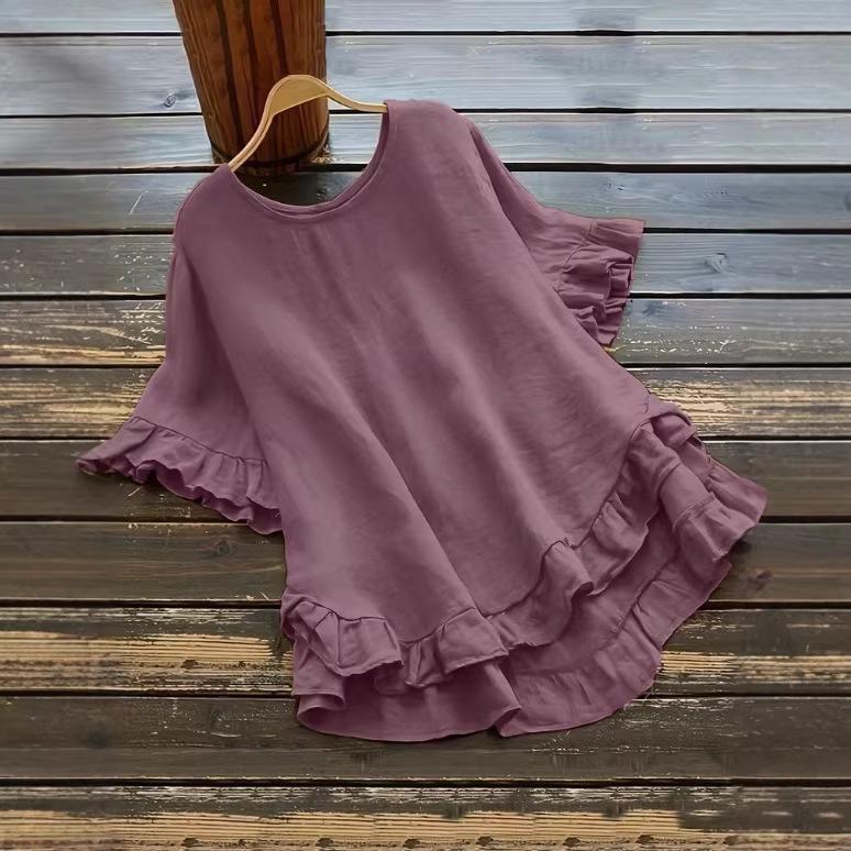 Plus Size Women's Buttonless Pleated Ruffle Edge Front Short Back Long Flared Sleeve Round Neck Top Fashionable Comfortable Soft Casual T-shirt