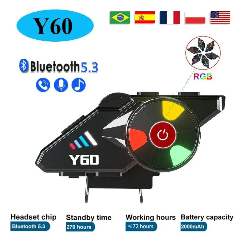 

Y60 Motorcycle Helmet Bluetooth Headset Wireless Waterproof Handsfree Call Music V5.3 Earphone Rider Moto Color Light Headphone