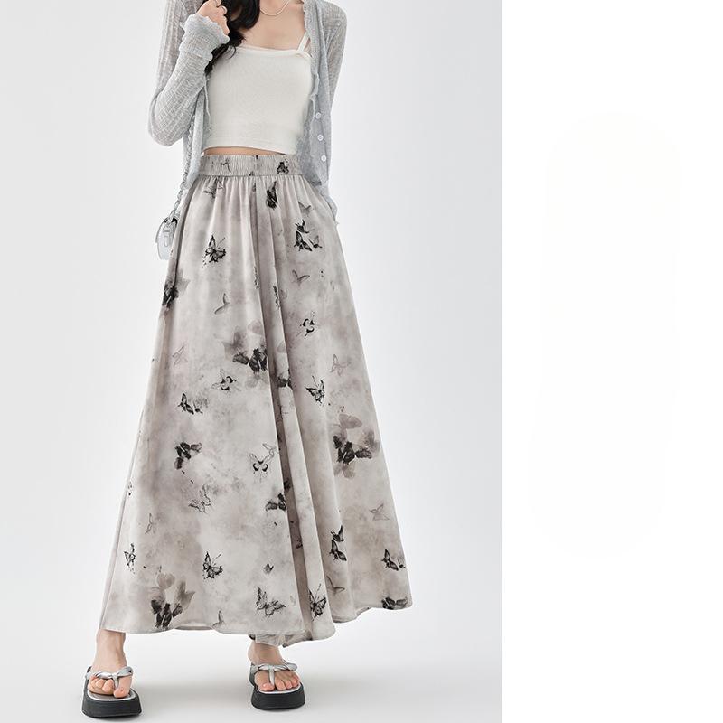 New Chinese Ice Silk Ink Painting Pants for Women's Summer New Pleated Half-body Casual and Versatile High Waist Drooping Wide-leg Skirt Pants