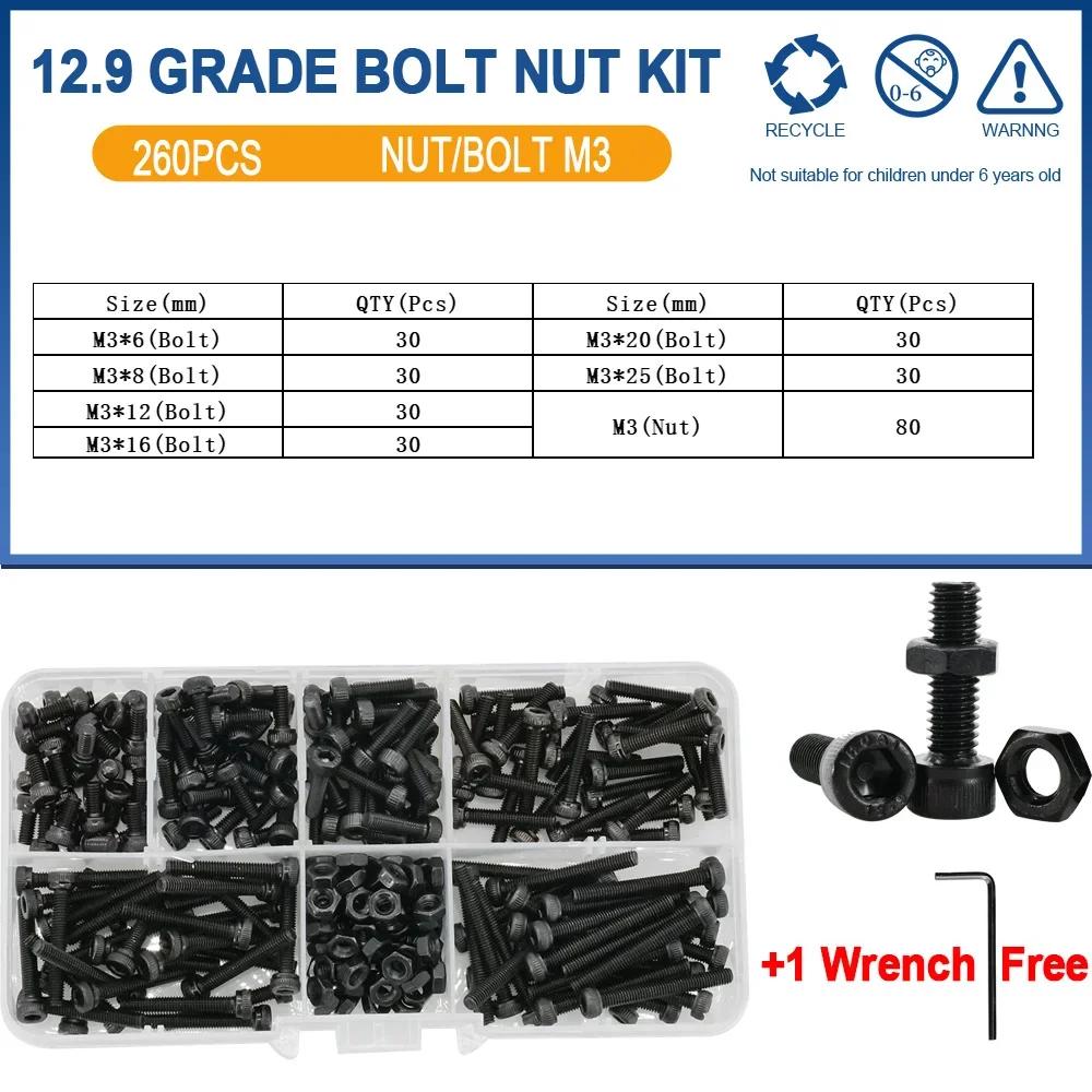 Din912 Allen Bolt Hex Socket Round Cap Head Screw Nut Kit M2 M3 M4 M5 M6 12.9 Grade Black Hex Hexagon Bolt Nut Assortment Set