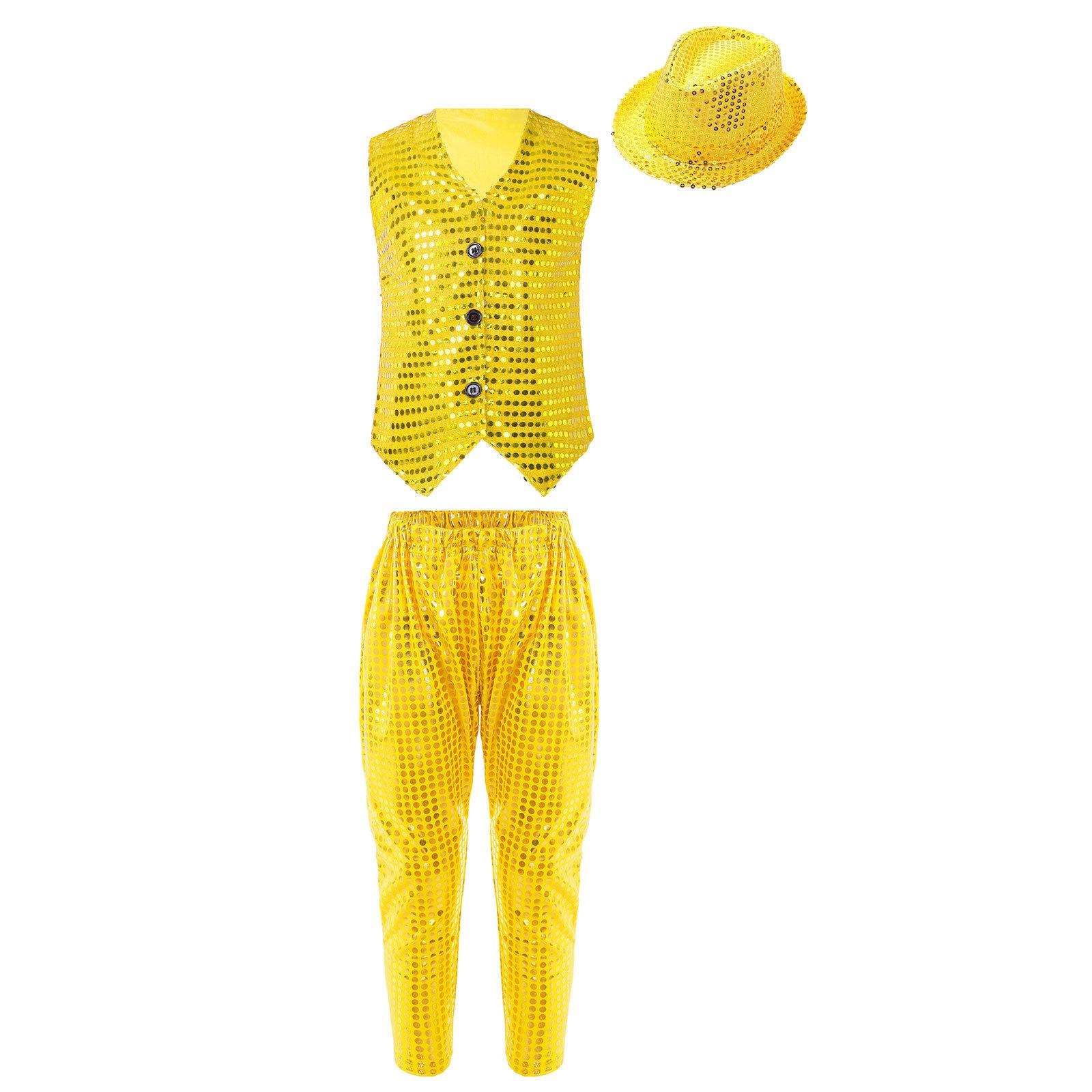 

Boys Girls Performance Vest Set Sleeveless V Neck Sequined Button Top Elastic Waist Pants Matching Glitter Hat 15-16 Years золотий