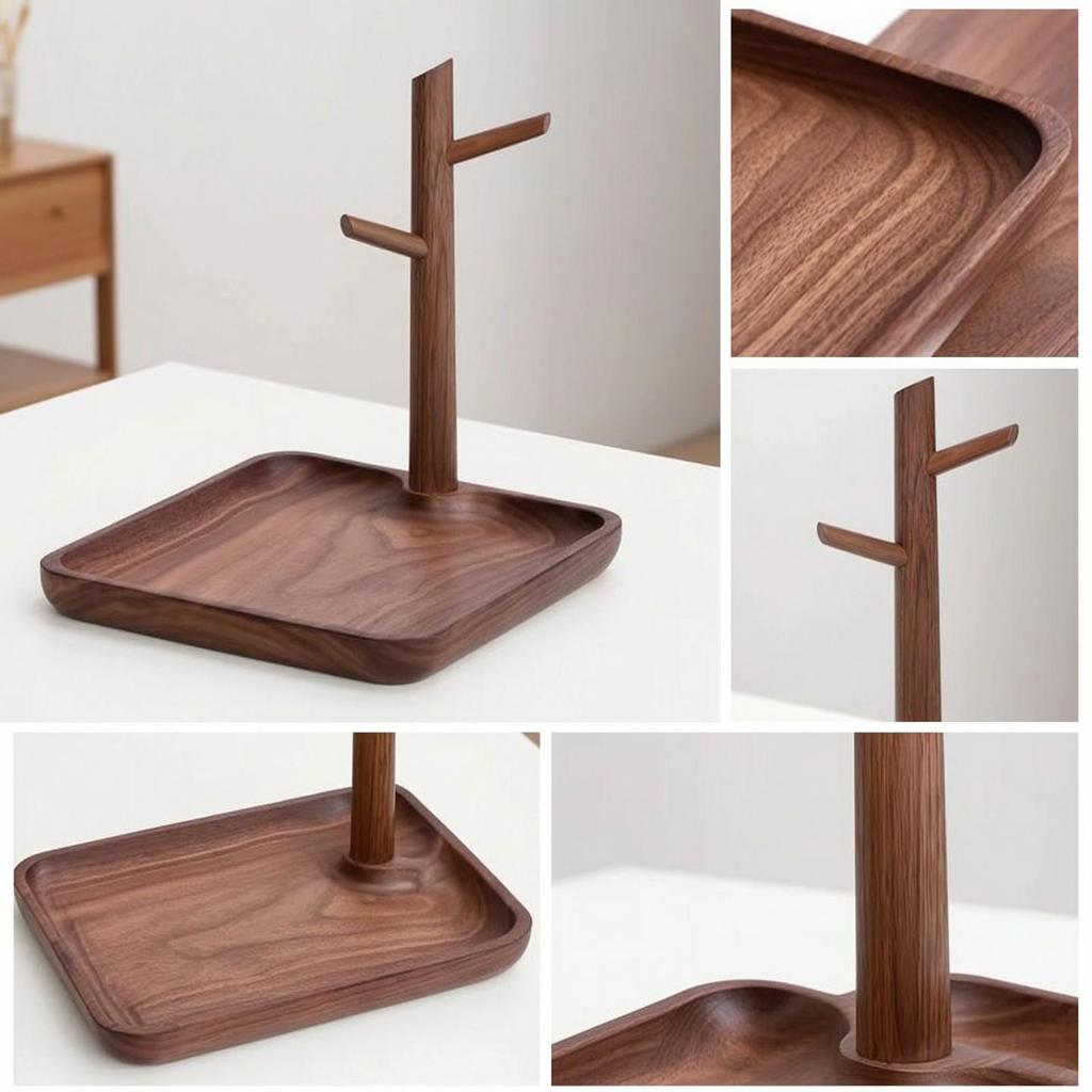 Wooden Organizer with Hooks Compact Entryway Tray Post Wood Grain Tabletop Storage