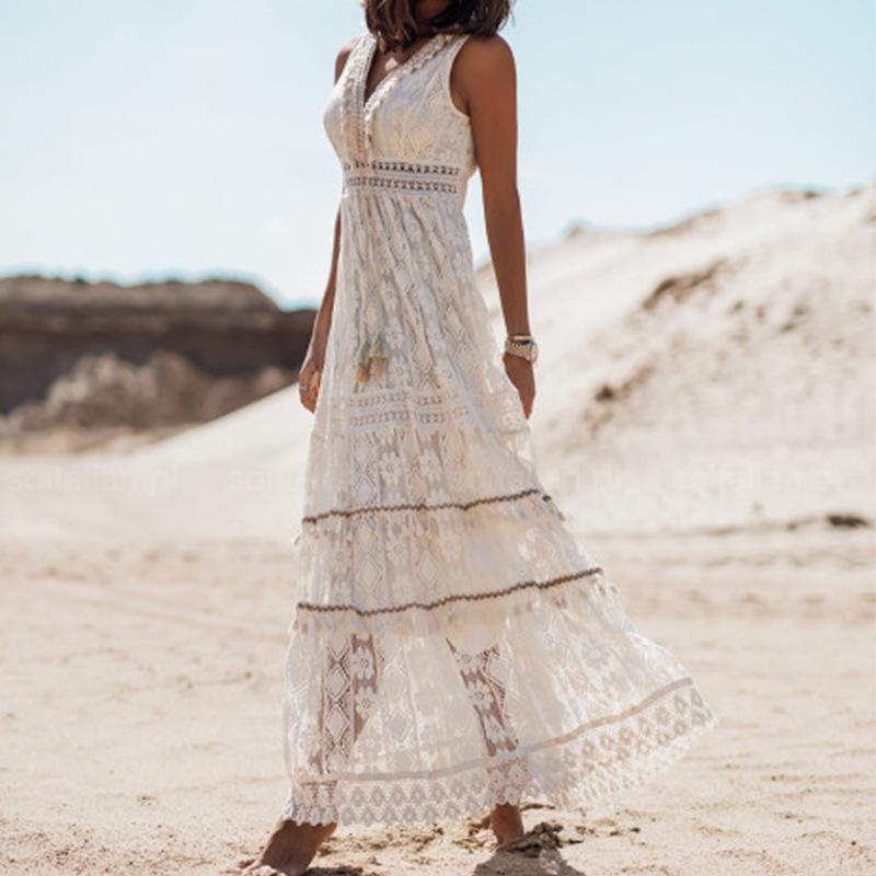 Women's Bohemian Summer Vacation Lace Dress Sleeveless Long Dress