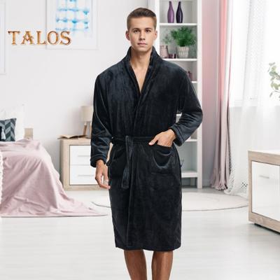 Flannel Nightgown with Pockets Long Sleeve Lace-up Open Front Knee-Length Bathrobe Men Lounge Sleepwear