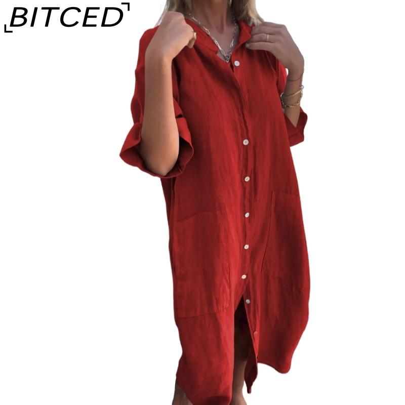 BITCED Women's Fashion Summer Spring Solid Color Print POLO Neck High Waist Casual Dresses