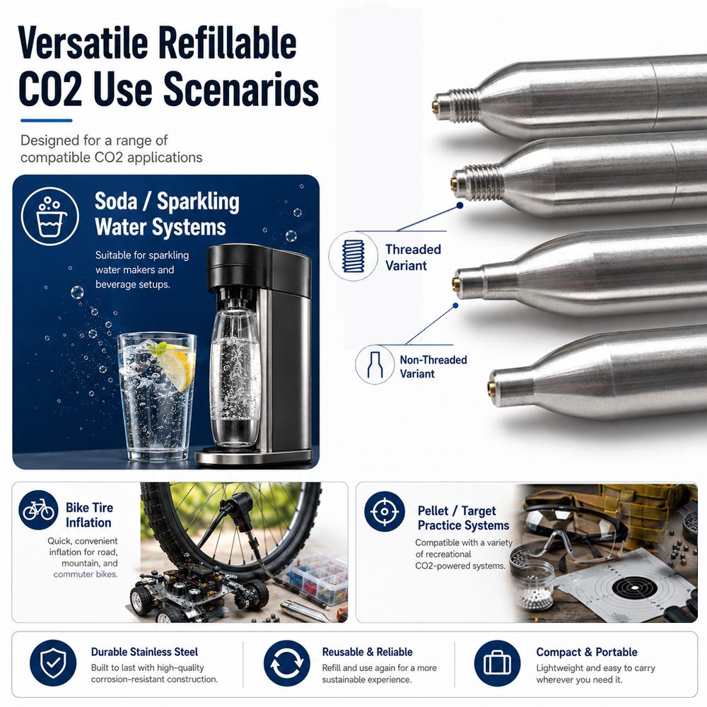 Wiederbefüllbare CO2-Kartusche mit 3/8-24UNF Gewinde für Zuhause, Heimbrauen von Sodawasser, Bierbrauen, Saft, Ball, Wiederaufladbar, Wiederverwendbar, Schwimmweste, Reifen