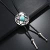 2Pcs Cowboy Bolo Tie Necktie Vintage Leather Braided Rope Necklace with Metal Flower Stone Pendant Jewelry Shirt Chain