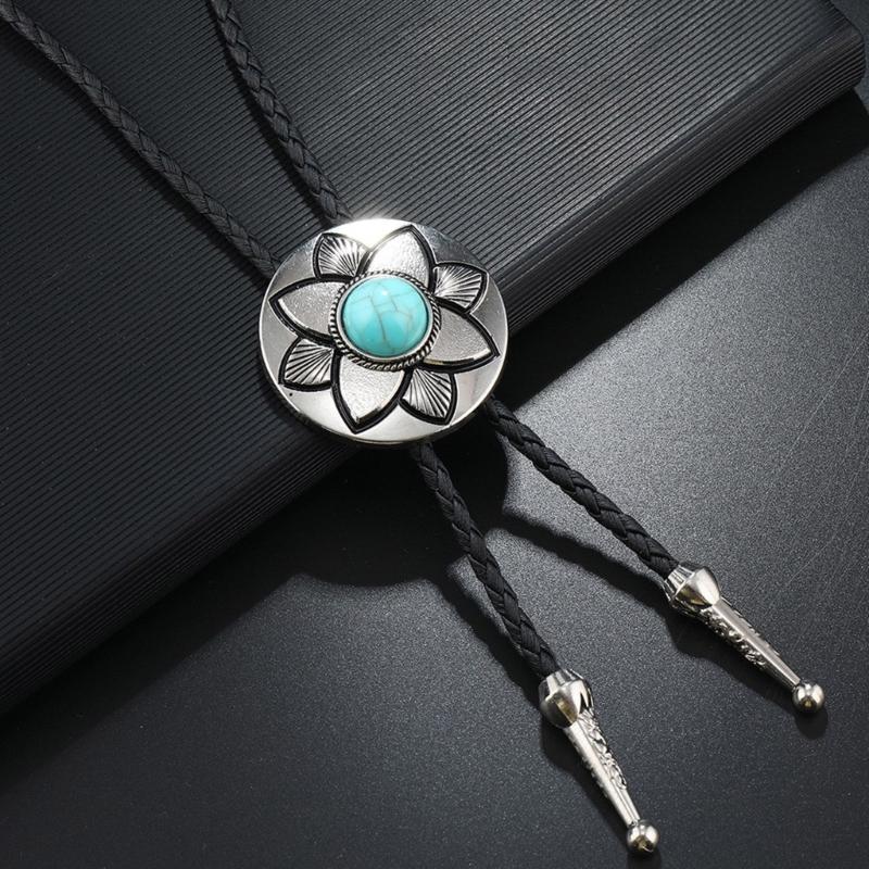 2Pcs Cowboy Bolo Tie Necktie Vintage Leather Braided Rope Necklace with Metal Flower Stone Pendant Jewelry Shirt Chain