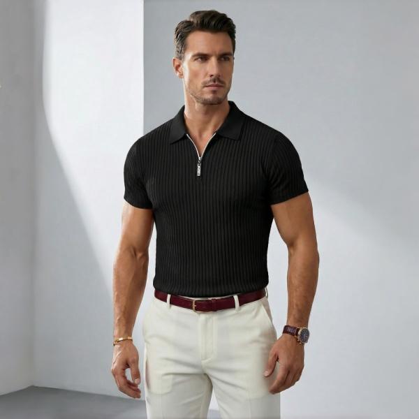 

Мужская футболка-поло CHREIFIT с молнией и рубчиком, короткий рукав, приталенный крой, смесовая хлопковая ткань, для стиля business casual и летнего сезона (Европа США Великобритания Германия Франция Италия) S чёрный