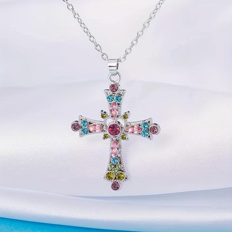 Luxury Rhinestone Crystal Cross Necklace Sweater Chain серый