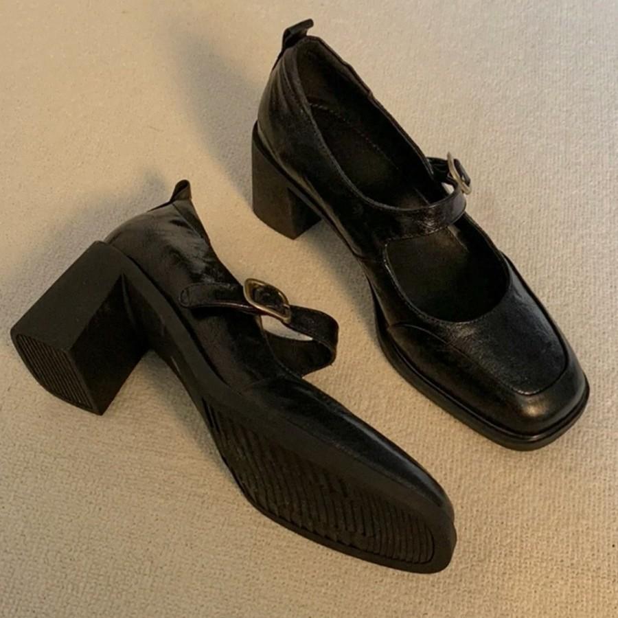 Soft Leather Retro Single Shoes for Women with Thick Heels, Not Tiring On The Feet, Square Toe Shoes