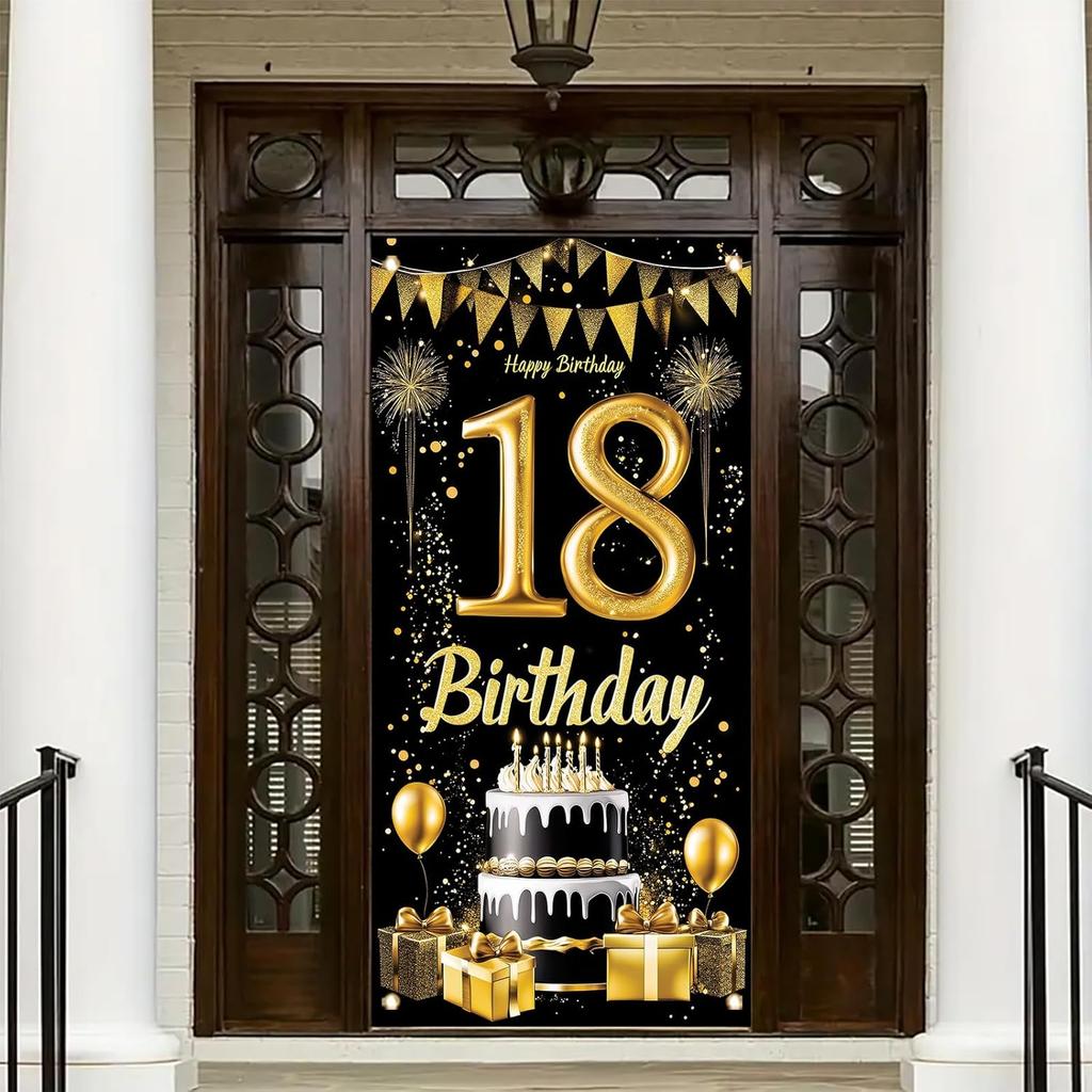 18th Birthday Door Cover Decoration 71 x 35 Inch Black and Gold Cake Banner with Balloons and Gifts for Eighteenth Birthday Party Supplies Happy 18