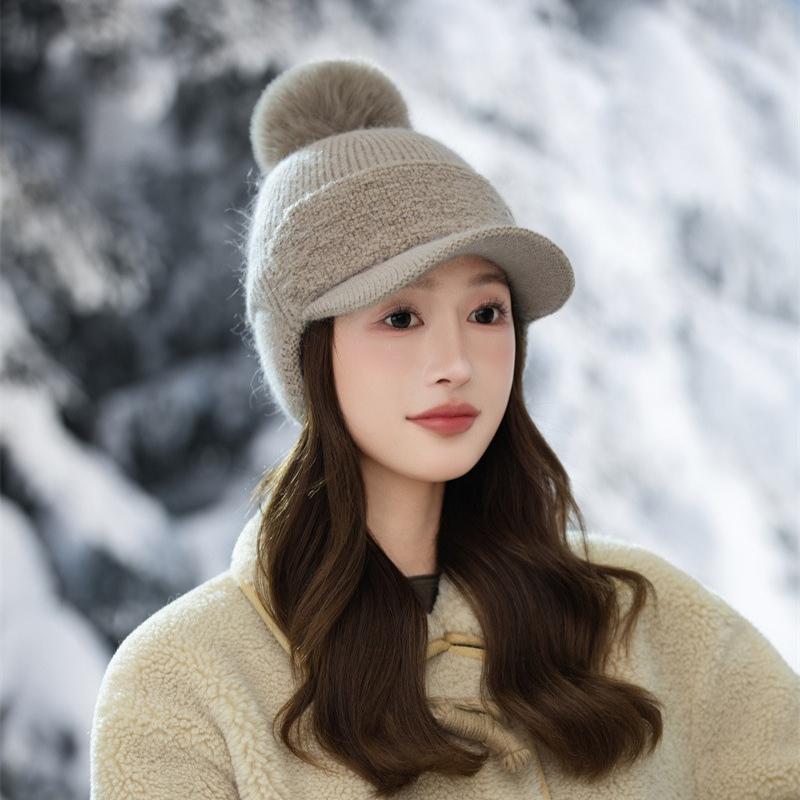 Saco de Orelha Tricotado em Lã, Chapéu Quente com Aba de Pato, Boné de Beisebol Feminino Plush Forrado à Prova de Vento para Outono e Inverno