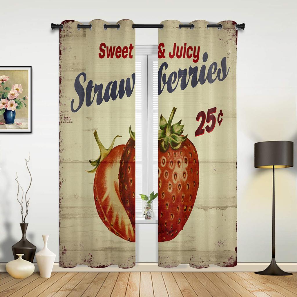 Fruit Strawberry Wood Grain Retro Windows Curtains Living Room Bedroom Window Treatments Household Kitchen Curtains