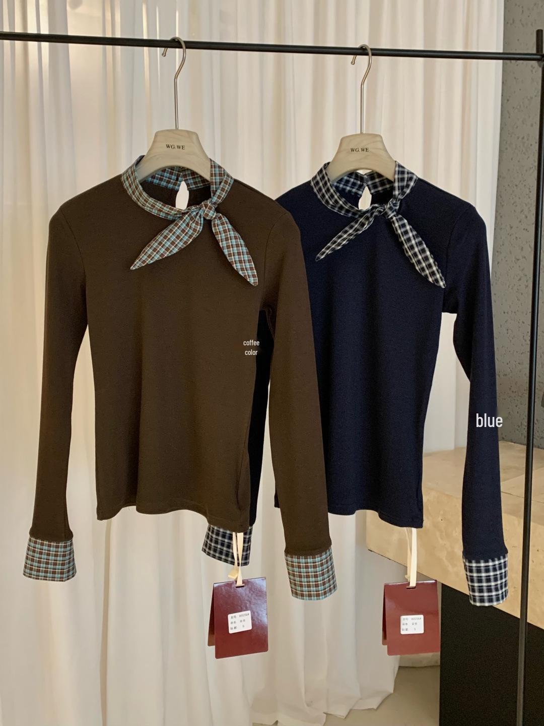 

Plaid Collar Tie-up Patchwork Long Sleeve Women s Base Layer Top - Autumn/Winter Small кавовий
