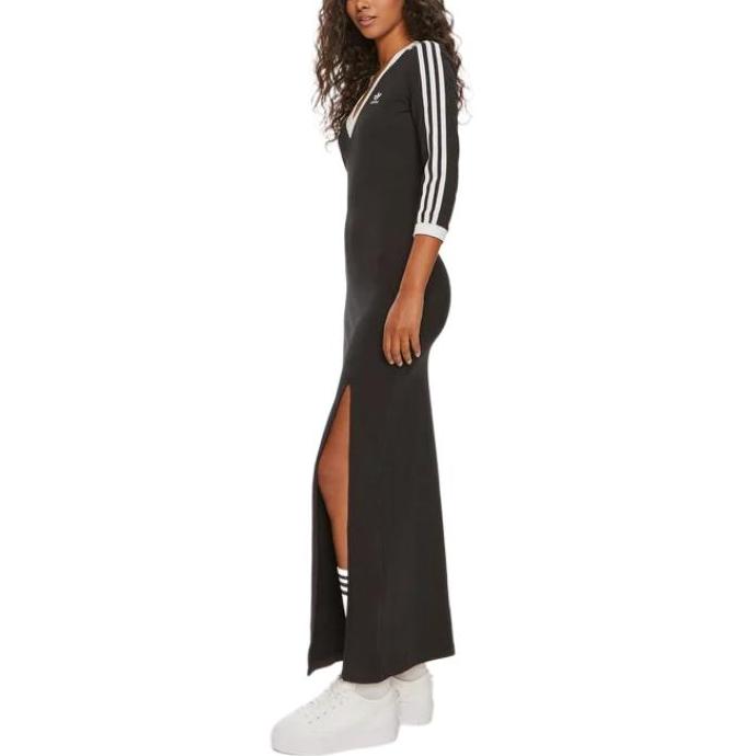 adidas Oryginalna sukienka maxi Adicolor Classics 3-Stripes z dekoltem w serek w bloku kolorów i rękawami do połowy długości Sukienka damska Czarna IK0439