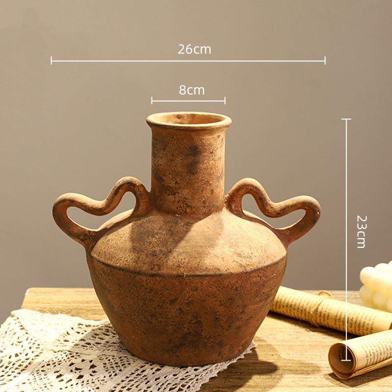 Керамическая ваза Ретро горшок Грубая керамика Геометричная ручка Ваза для цветов Аксессуары для цветочных композиций Цветочный горшок Домашний декор