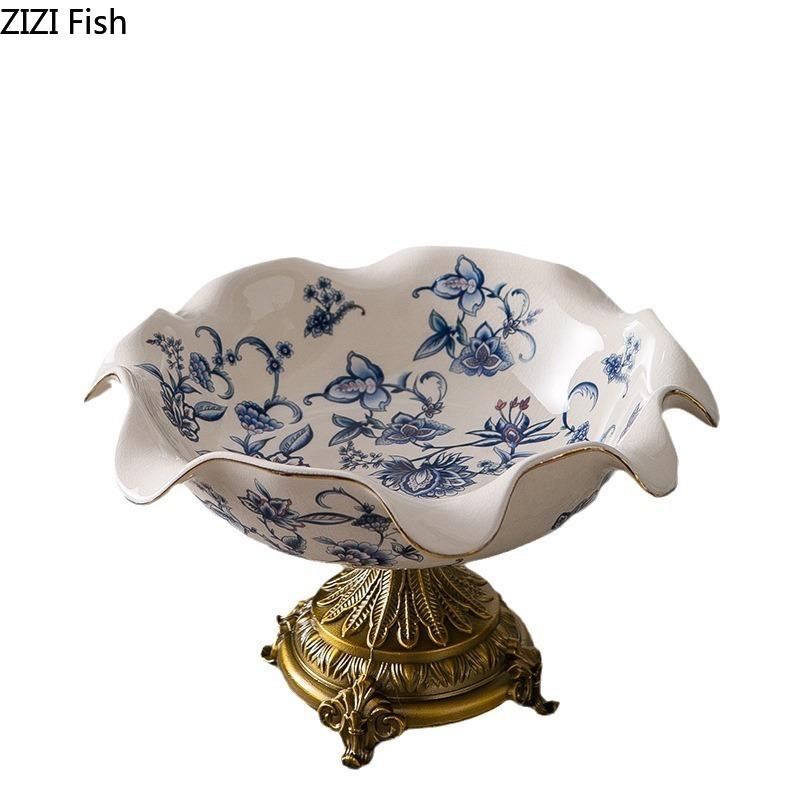 Classical Blue Flower Pattern Fruit Bowl Storage Trays Snack Dessert Plate High Footed Fruits Plate Coffee Table Fruits Tray