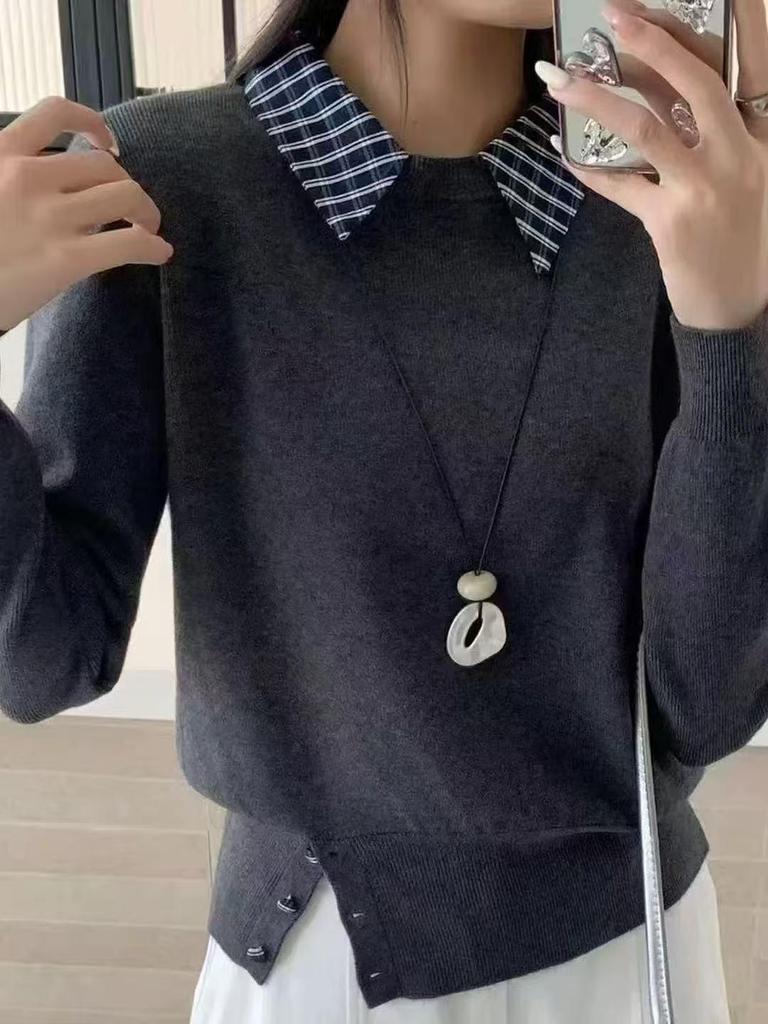 Korean Plaid Patchwork Knit Sweater - Women's Long Sleeve Fake Two-Piece