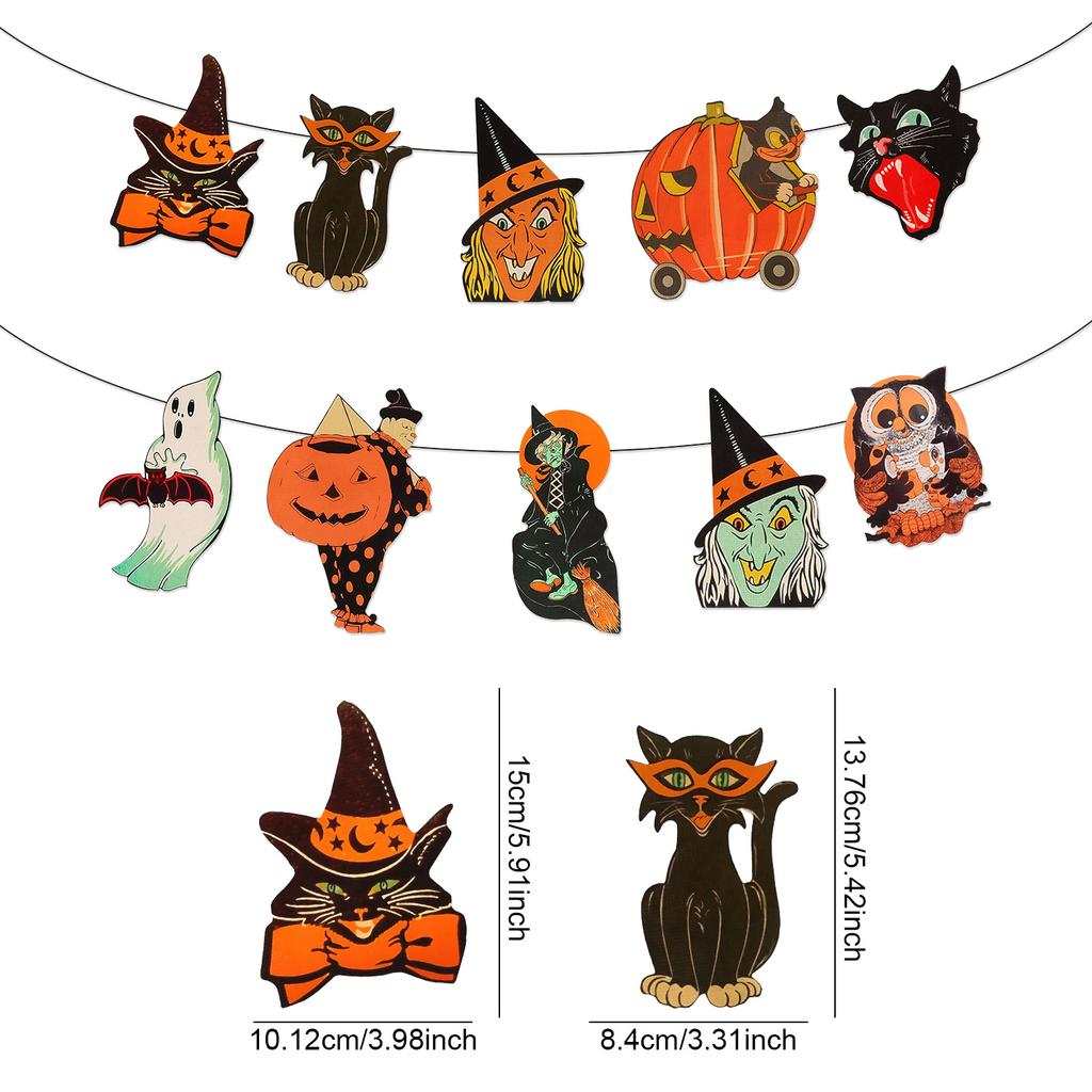 Vintage Halloween Pumpkin Black Cat Witch Owl Hanging Banners Decorations Halloween Trick or Treat Home Wall Party Festival Room
