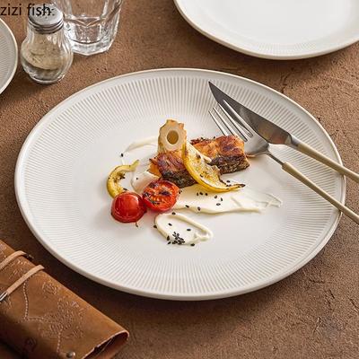 Beige Striped Ceramic Disc Creative Steak Plate Dessert Plate Pasta Plate Molecular Cuisine Display Plates Specialty Tableware