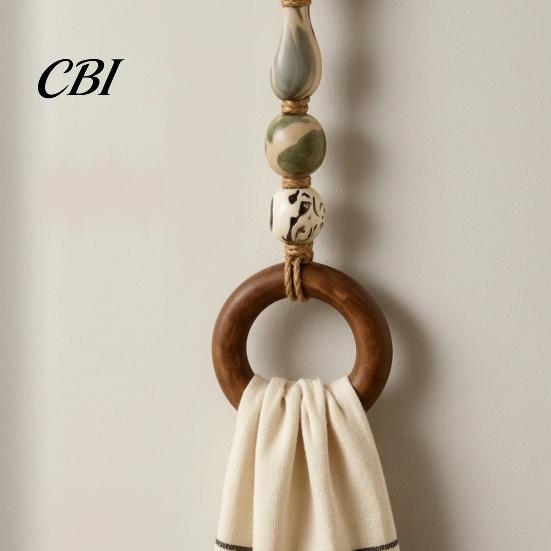 Anello Decorativo Appeso per Organizer, AppendiAsciugamani con Perline e Anello in Legno, Supporto da Parete Multi-Colore Boho, Raffinata Manina in Legno senza Foratura, Portautensili da Fattoria