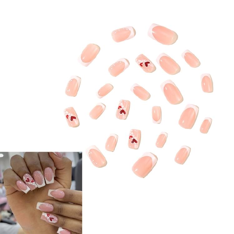 24pcs Sweet Heart Designs False Nail French White Short Square Artificial Nail for Party Valentine's Day Nail Decors