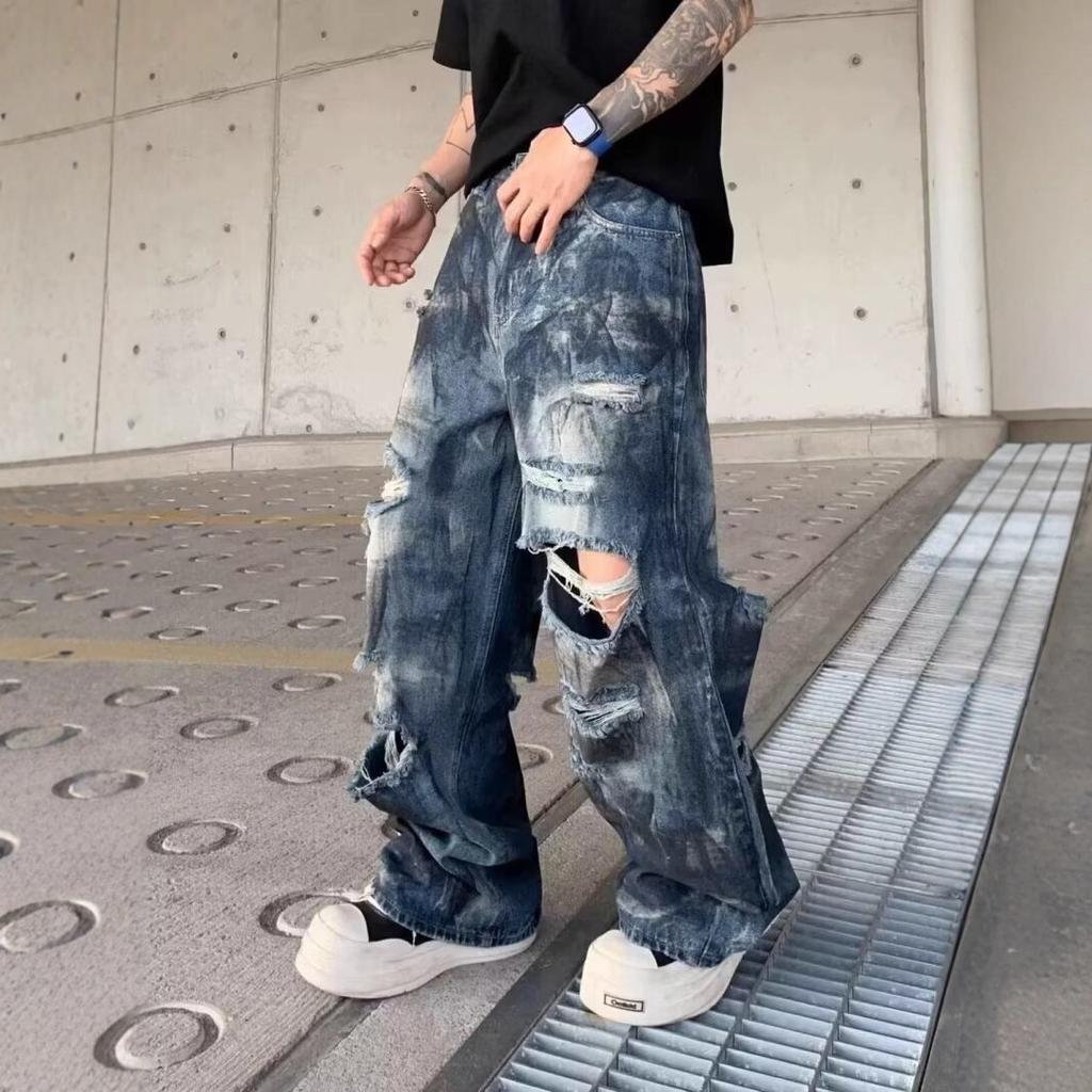 Wasteland wind tie-dye ripped jeans men's and women's summer new American retro loose wide-leg pants overalls