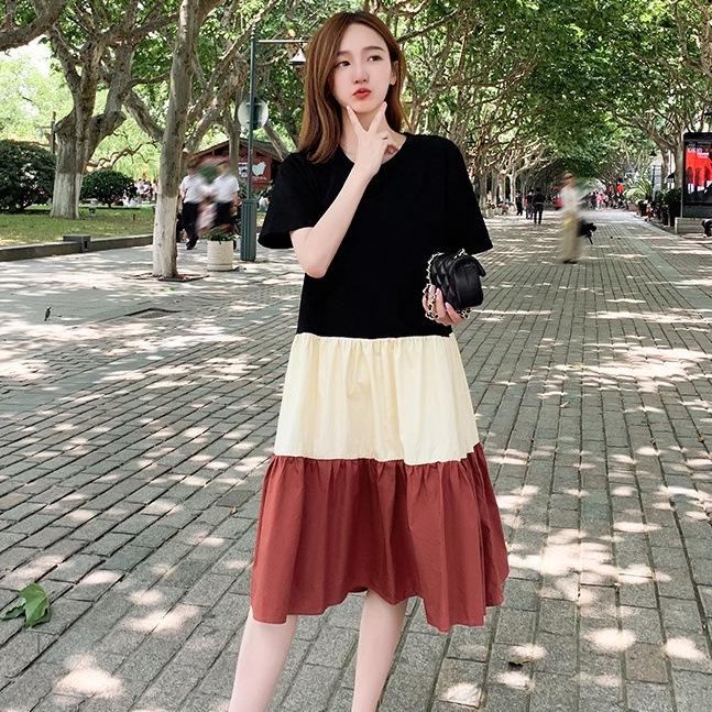 

Женское летнее платье-футболка большого размера в корейском стиле, пэчворк, до колена, с коротким рукавом, модное и стильное M for 90-105 lbs