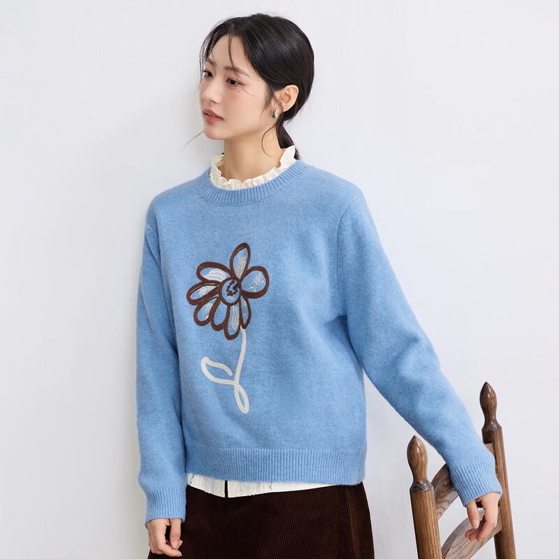 INMAN Women's Wool Blend Floral Pullover Sweater