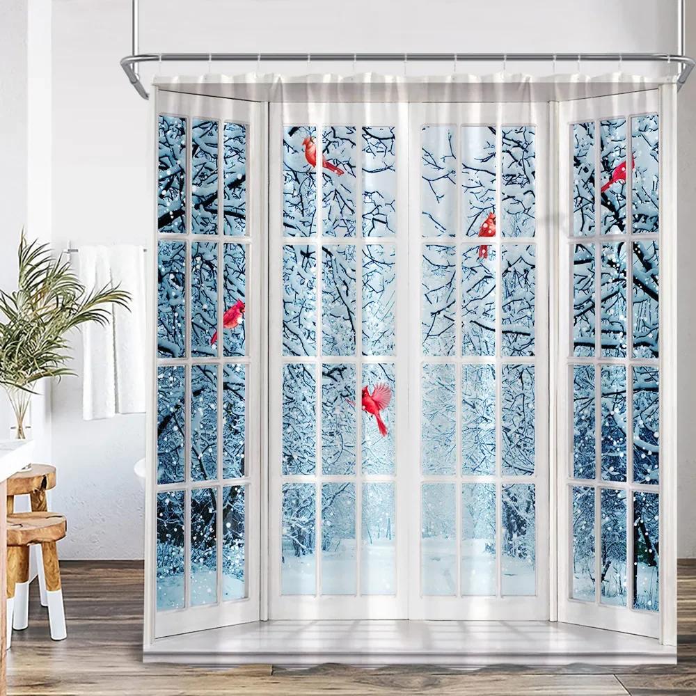 Winter Forest Scenery Shower Curtain Snow Window Outside Nature Landscape Snowy Pine Tree Bathroom Decor Polyester Bath Curtain